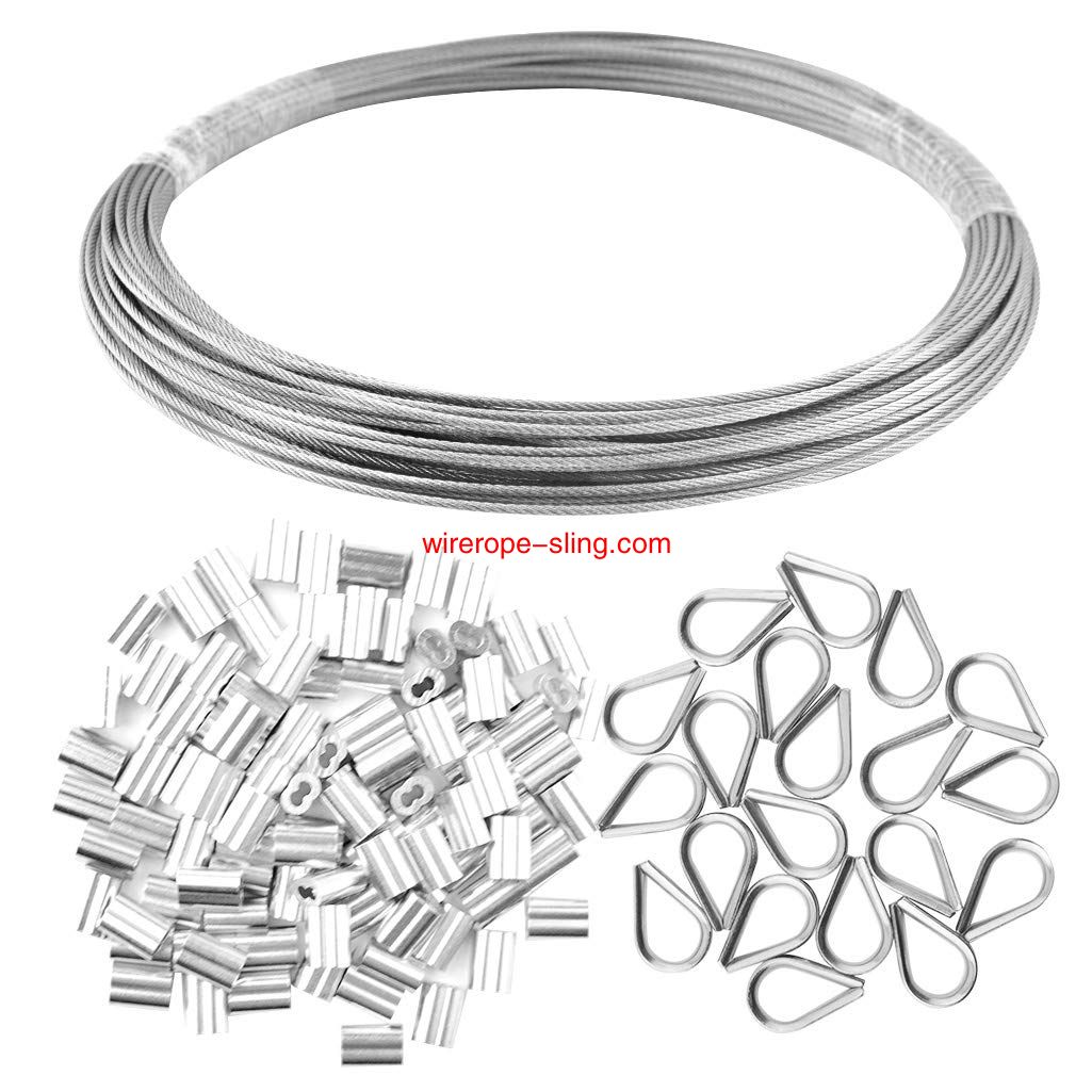 1/16inch x 66Feet Stainless Steel Wire Rope Cable 100Pcs Aluminum Crimping Sleeves en 20Pcs Stainless Steel Thimble Cable Railing Kits