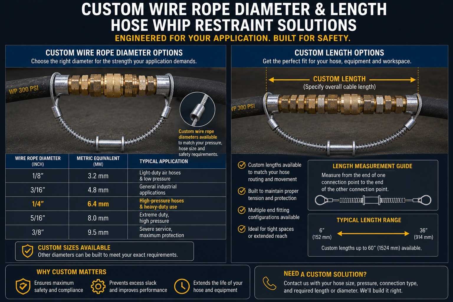Custom length hose whip restraint for industrial hose connection