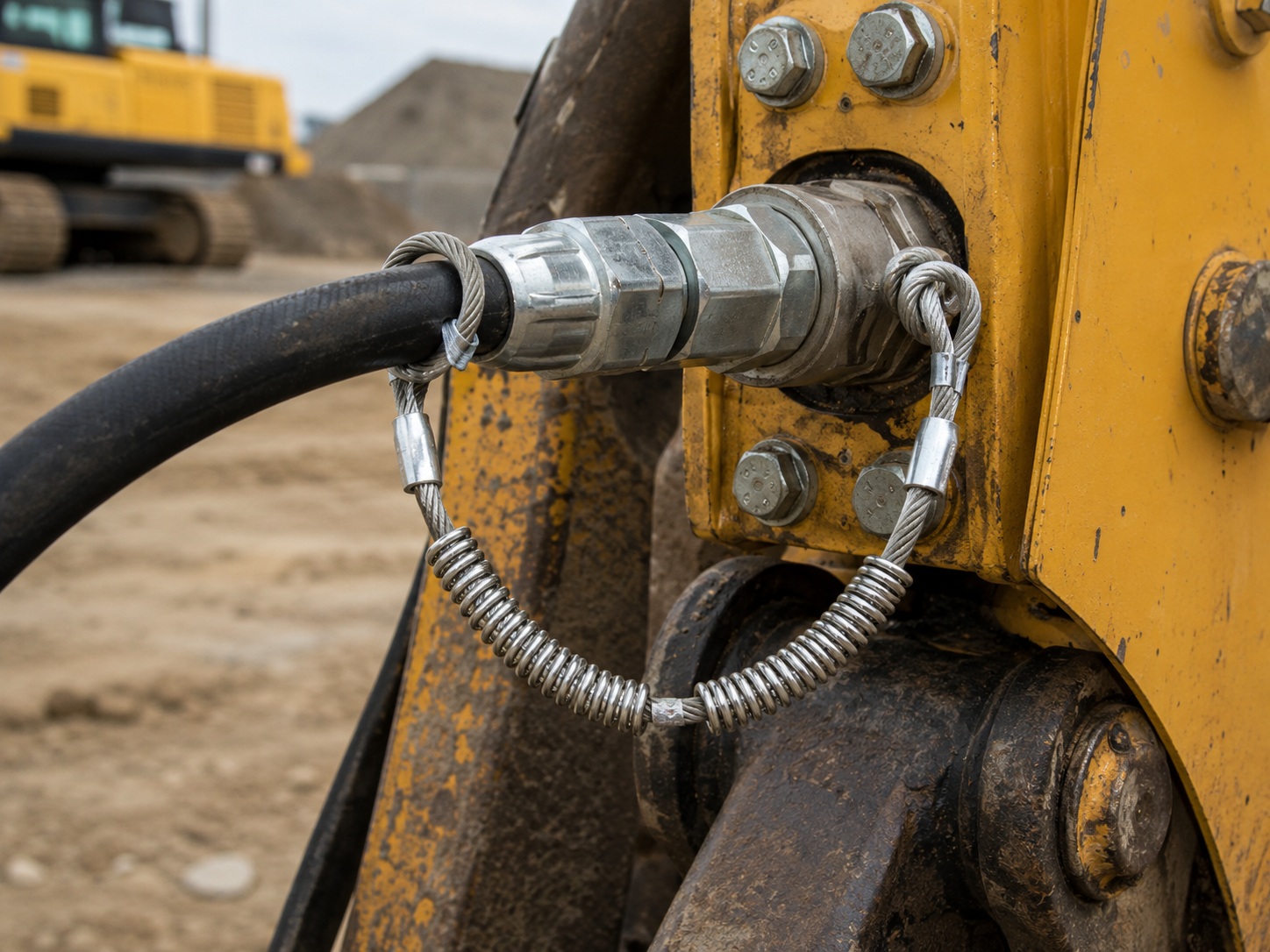 Hydraulic hose whip restraint used on construction machinery hose connection