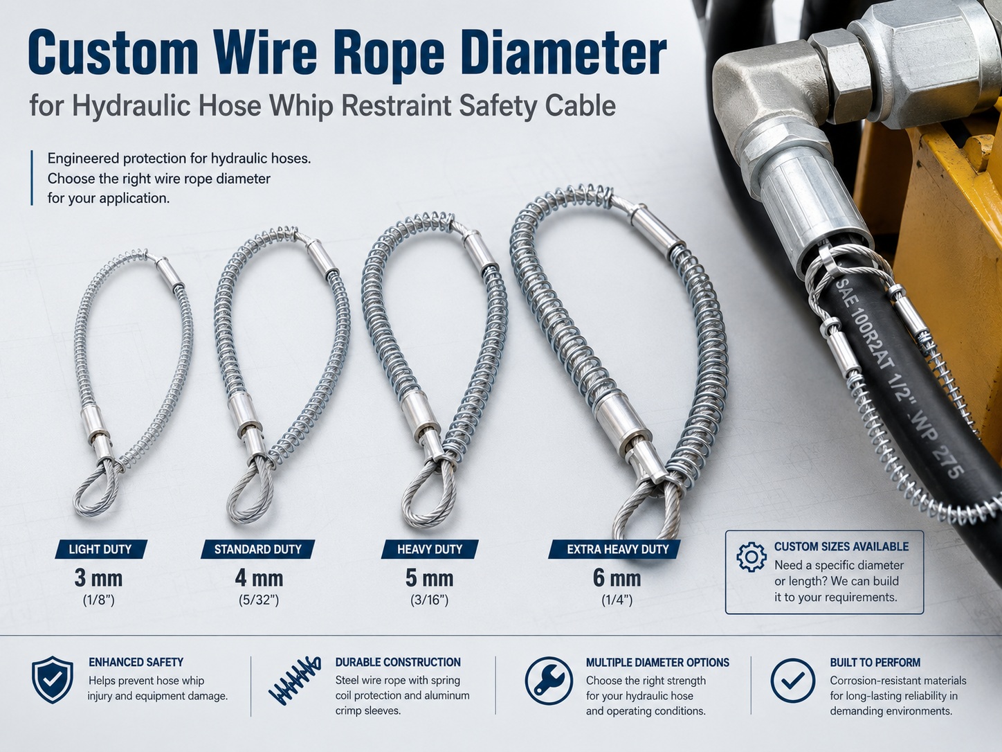 Custom wire rope diameter for hydraulische slang zweep beveiliging safety cable