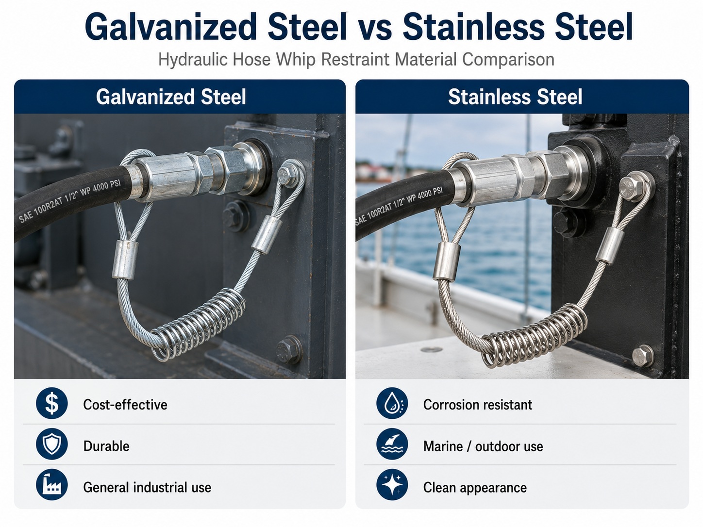 Galvanized steel and stainless steel hydraulische slang zweep beveiliging material comparison