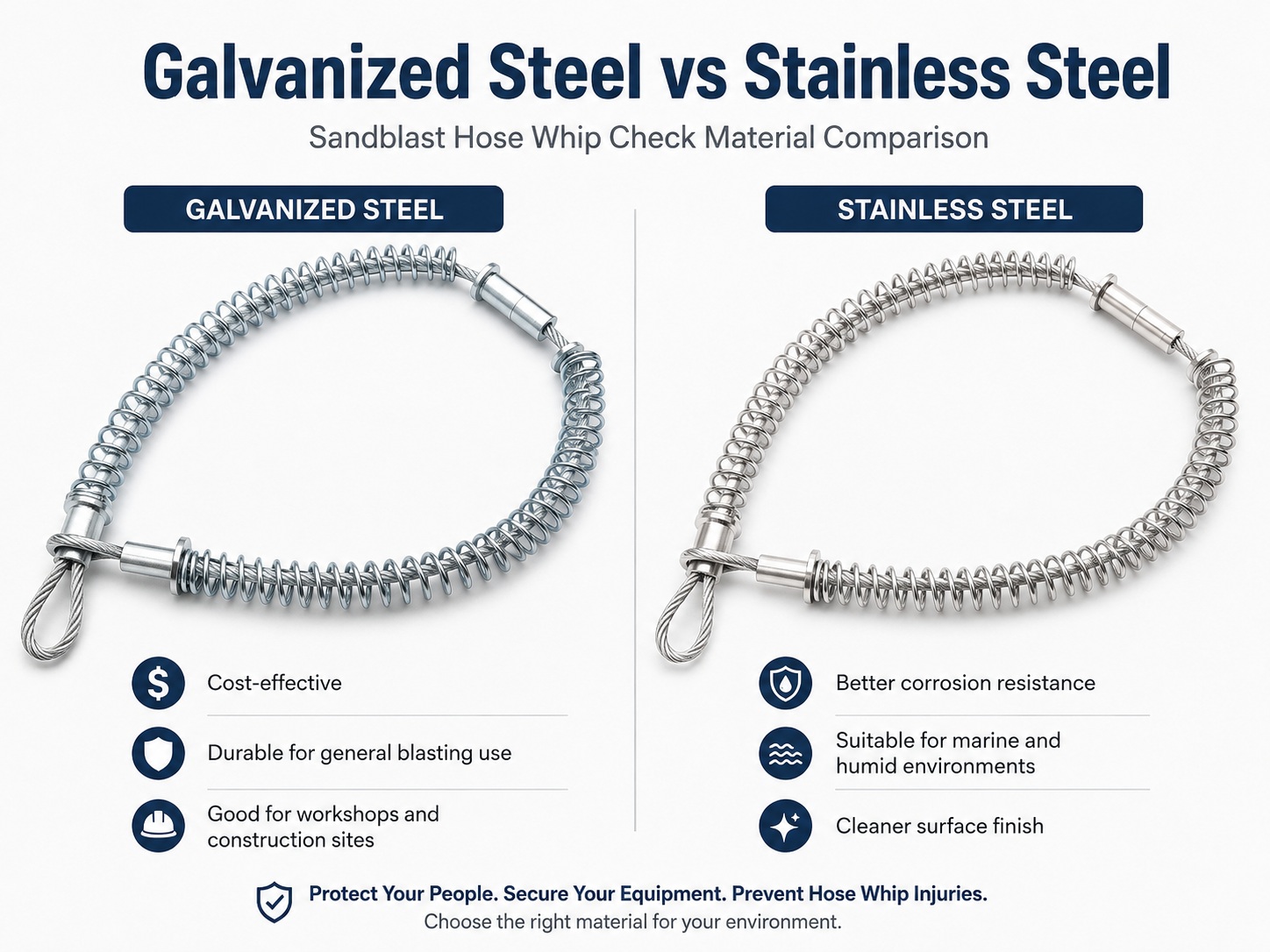 Galvanized steel and stainless steel sandblast slang zweep controle material comparison
