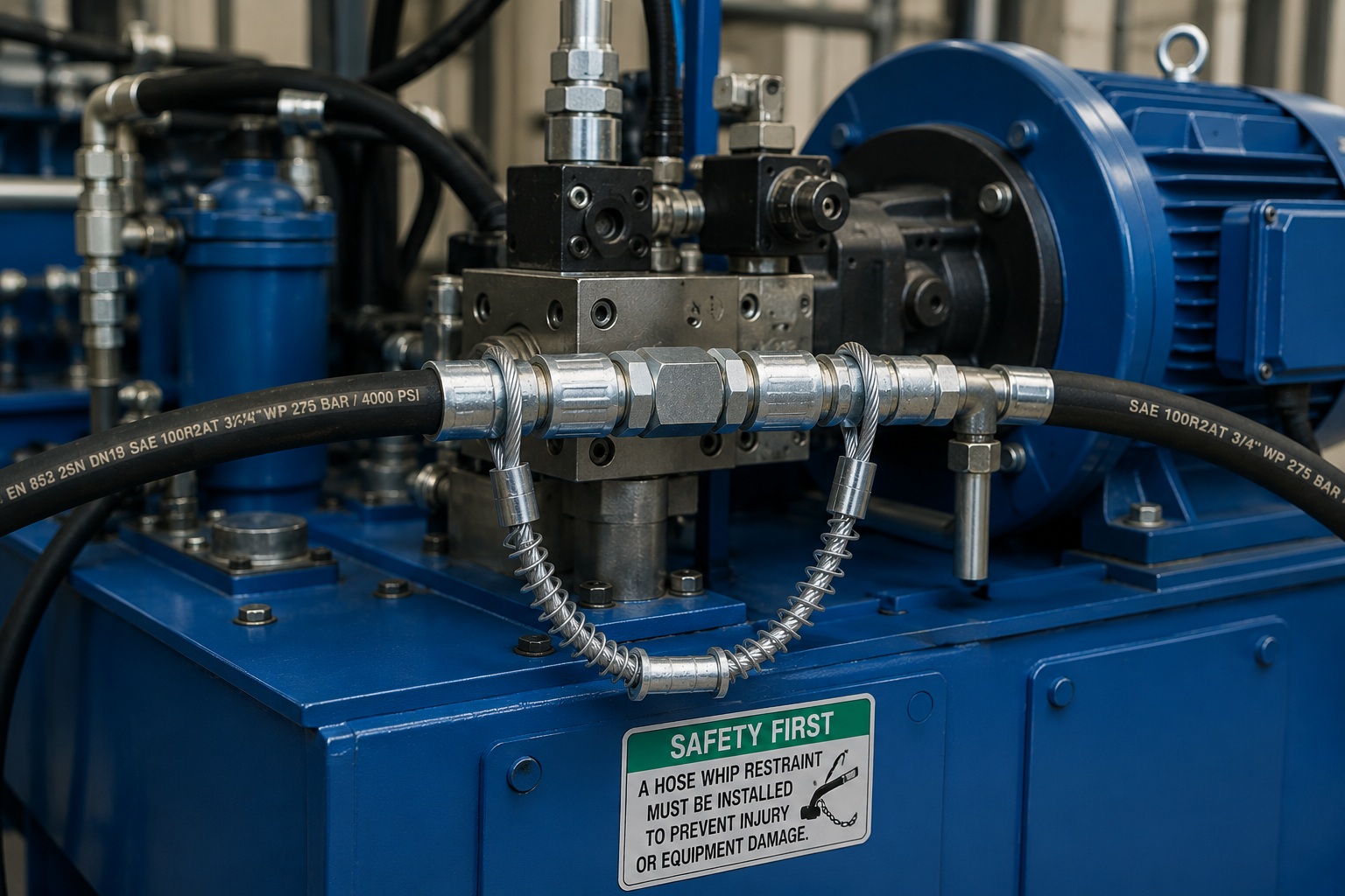Hoog pressure hose restraint installed on industrial hydraulic power unit