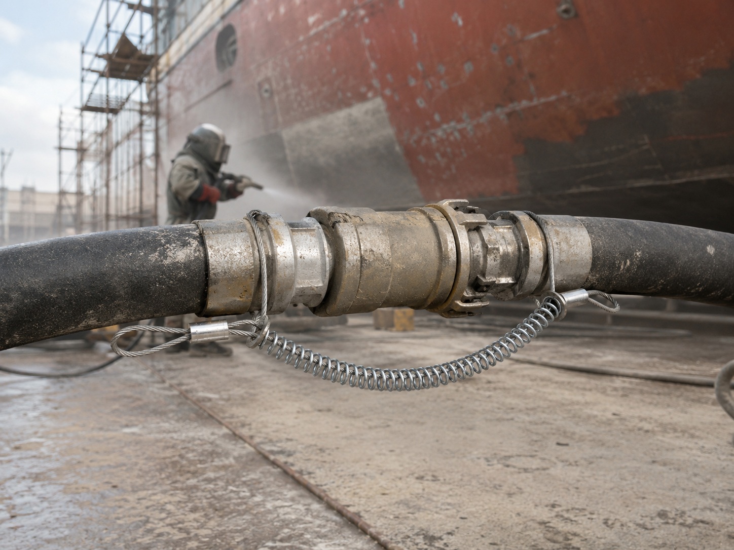 Sandblast slang zweep controle used in shipyard surface treatment application